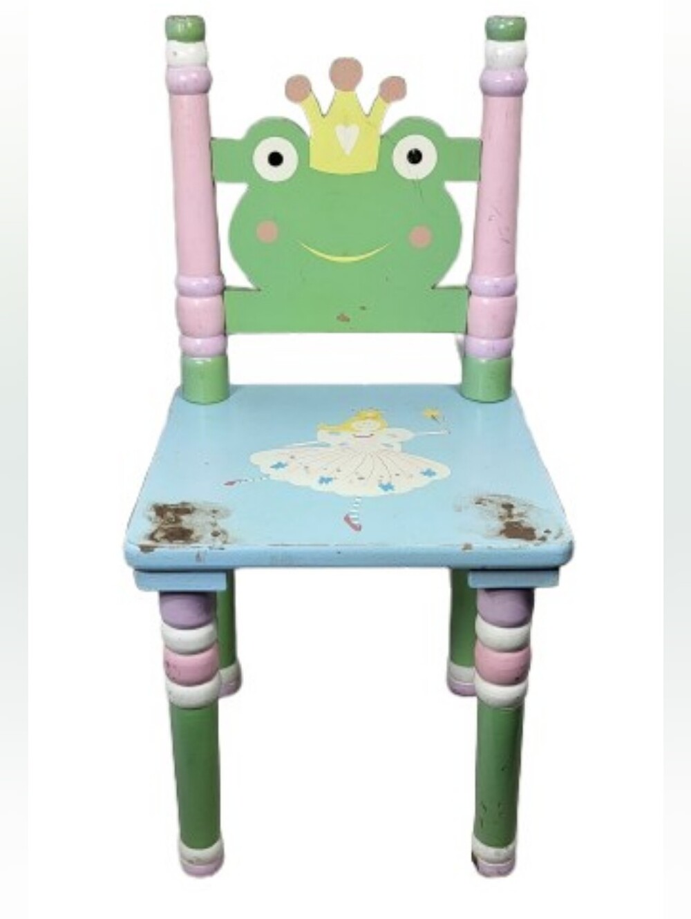 Kids Frog Princess Wooden Chair - Green & Pastel 21"x10